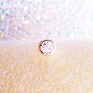 Clear Necklace with 5.3mm (0.21 inches) Pendant, Zircon in 18K Gold - Invisible Nylon Illusion Fishing Line Necklace