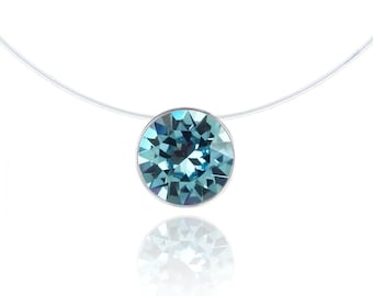 Invisible Necklace - Aquamarine - Silver 925 (anti-allergic, nickel-free) - Solitaire Swarovski 6mm - Length of your choice