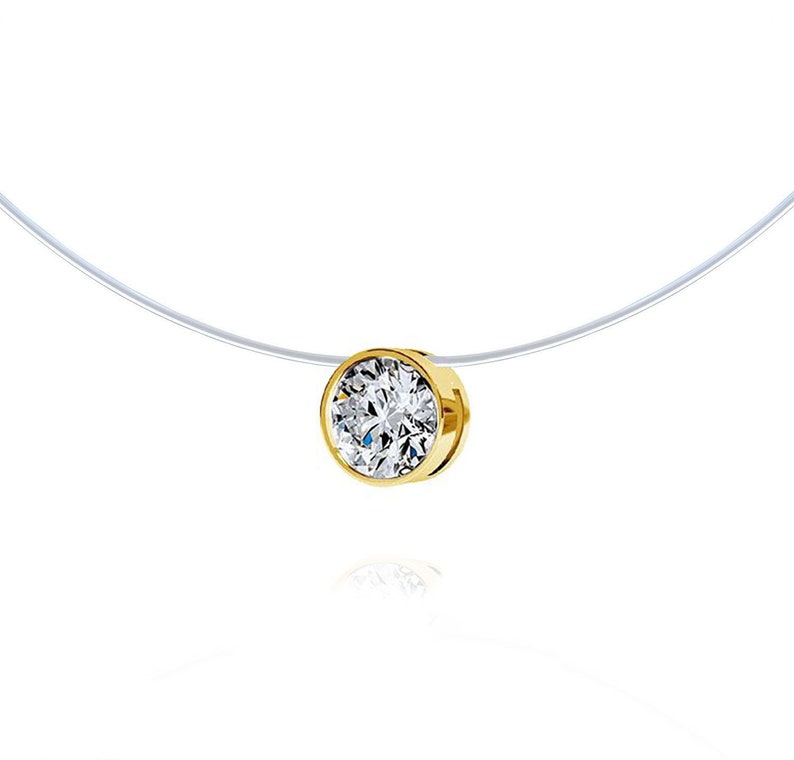 Ras-de-neck necklace Invisible nylon Zircon Solitaire Brillant Cristal and Paqu\u00e9 Gold Diamond Fishing Wire Style