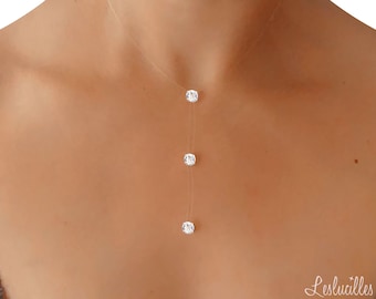 Invisible necklace with three 6mm crystallized solitaire rings - pure brilliance, floating transparent fishing line, for weddings and brides.