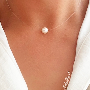 Floating necklace, White pearl, 925 silver or P. GOLD invisible necklace transparent peach nylon Customizable necklace