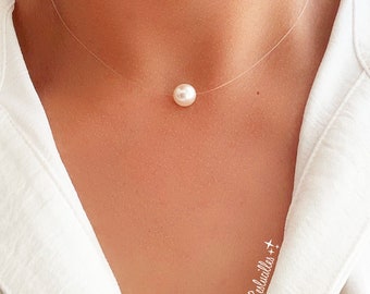 Floating necklace, Pearly white pearl Silver or P. OR invisible transparent peach nylon necklace Customizable necklace