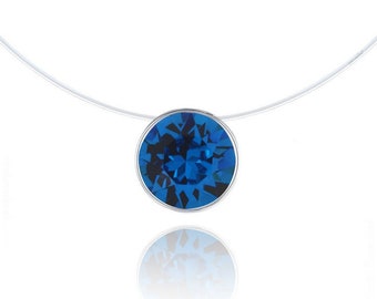 Collier Invisible - Bleu Capris - Argent 925 - Ras-de-cou - Taille au choix - Solitaire Swarovski