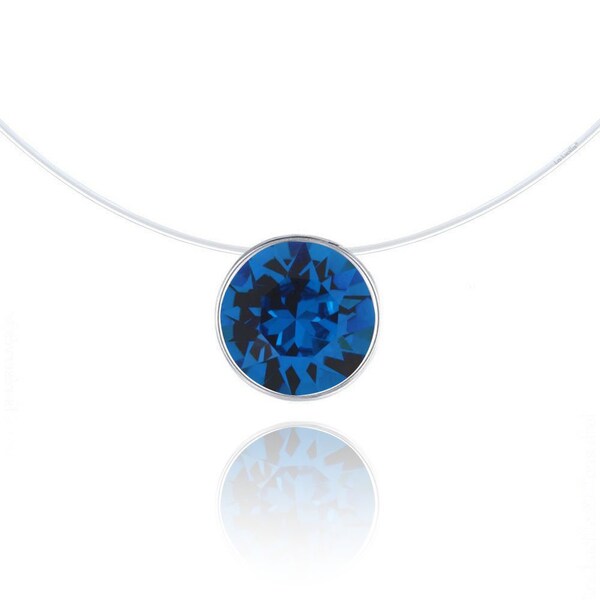 Collier Invisible - Bleu Capris - Argent 925 - Ras-de-cou - Taille au choix - Solitaire Swarovski