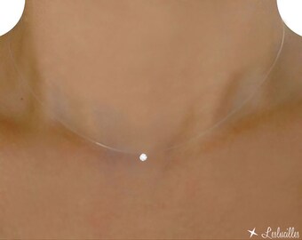 Invisible necklace, Tiny 3mm or Mini 4mm Swarovski® Crystal, Transparent Nylon wire choker, Silver/Gold, mini tiny small pendant