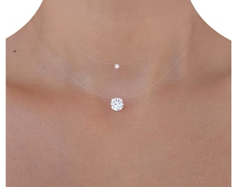 Invisible transparent necklace with a diamond-style crystal pendant of pure brilliance in silver or gold-plated finish - transparent nylon fishing line - Wedding