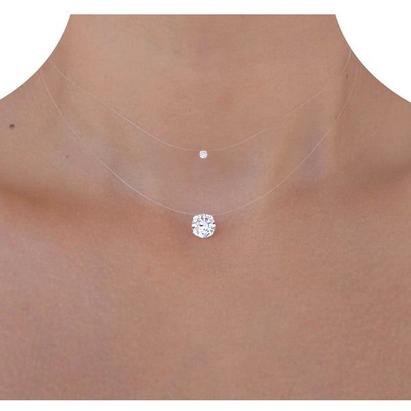 Collier transparent invisible pendentif style diamant en crystal pure brillance Argent ou p.Or - Fil nylon fil de pêche transparent Mariage