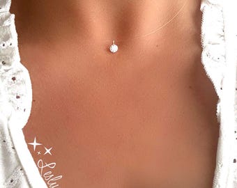 Invisible necklace with a small 4mm (0.16 inch) zircon, 925 sterling silver, choker style, transparent peach nylon thread solitaire pendant
