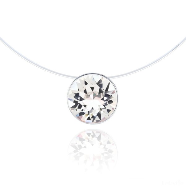 Collier Invisible - Argent 925 -  Solitaire Swarovski 6mm - Anti-allergique, sans nickel - Longueur au choix - Fil nylon pêche transparent