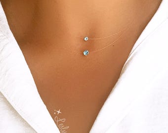 Invisible Aquamarine Necklace, Mini and Tiny - Transparent Fishing Line Style Necklace, Illusion Choker with Tiny Pendant