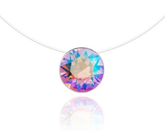 Invisible necklace - Iridescent pink - Silver 925 (anti-allergic, nickel free) - Solitaire Swarovski 6mm - Transparent necklace