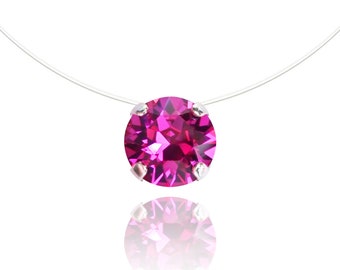Fuchsia Pink Necklace, SMALL or LARGE Solitaire (4 claws) Swarovski Crystal, Fishing line style / Invisible transparent nylon, Jewelry