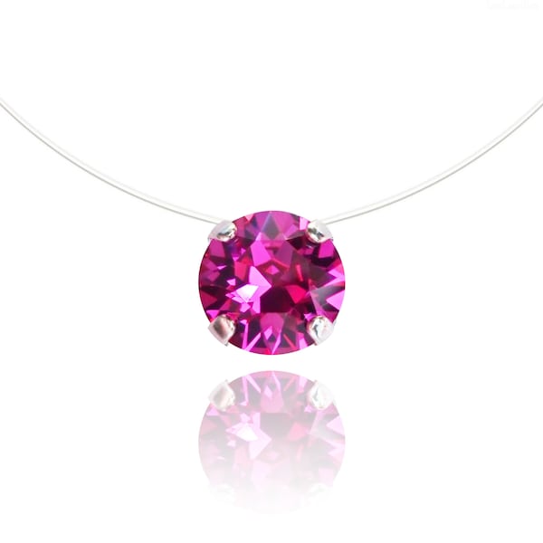 Collier Rose Fuchsia, PETIT ou GRAND Solitaire (4 griffes) Cristal de Swarovski, Style fil de pêche / Nylon transparent Invisible, Jewelry