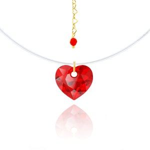 Invisible Necklace Red Swarovski Heart - Gold Plated - Fishing Line Style / Transparent Nylon