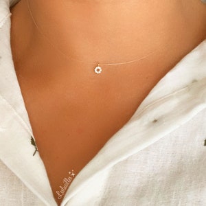 Invisible Necklace - Mini Crown with Zirconia, Gold Plated - Minimalist Boho Floating Transparent Necklace