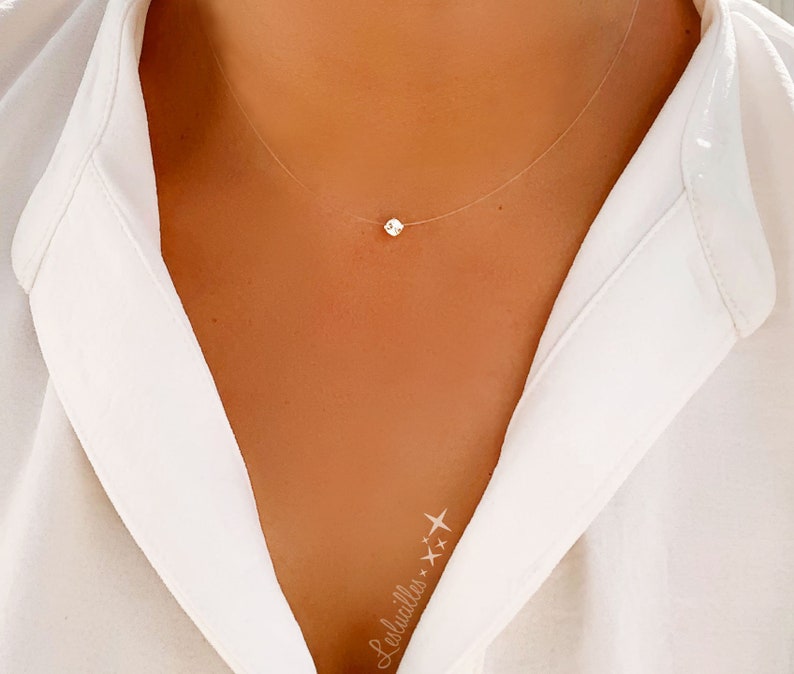 Collar invisible GRAND Swarovski® Collar solitario de nailon transparente de 8 mm Acabado en plata 925 Personalizable Diamante suspendido Mini - 4mm