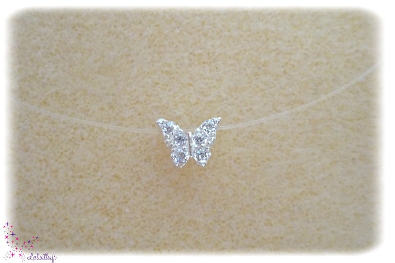 Small Butterfly rhinestone Silver 925 transparent Nylon cord Choker necklace the