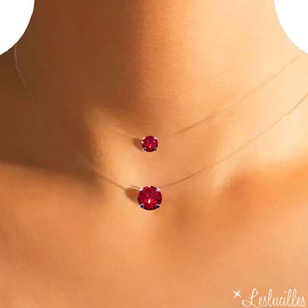 Transparent necklace - Red Solitaire Swarovski® Crystal - Silver / Gold - Invisible Nylon fishing line necklace - Jewelry Silver Gold