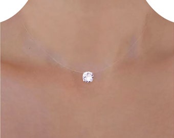 Invisible illusion necklace, Silver or Gold Gold, Swarovski Zircon, Size of your choice, minimalist clear necklace, Length of your choice
