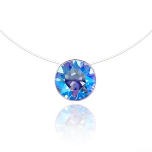 Invisible Necklace Sapphire Shimmer Silver 925, Gold and Rose Gold Solitaire Swarovski 6mm Length of your choice Nylon transparent necklace image 1