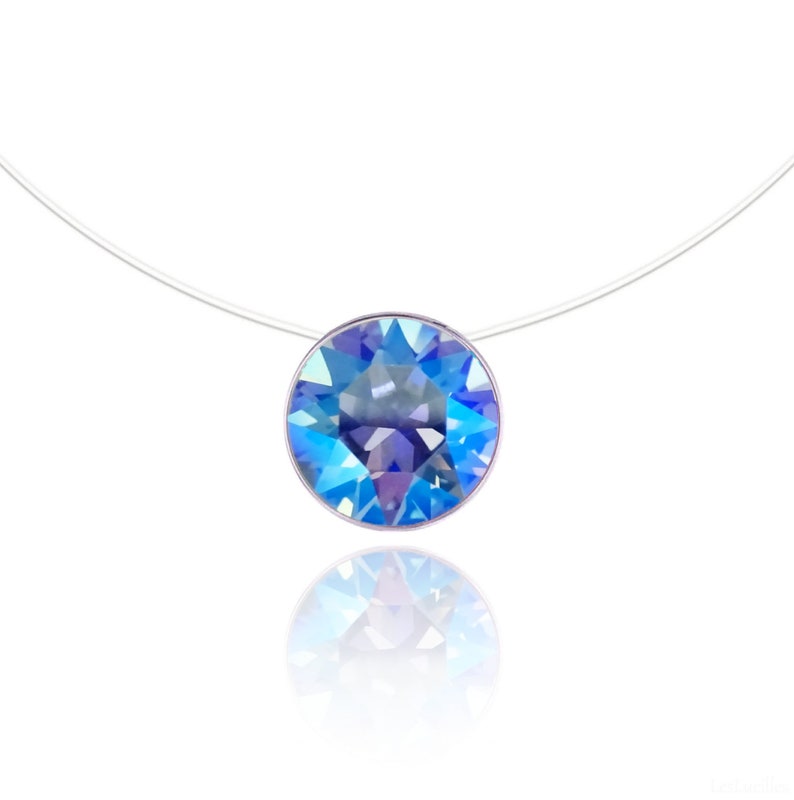 Invisible Necklace Sapphire Shimmer Silver 925, Gold and Rose Gold Solitaire Swarovski 6mm Length of your choice Nylon transparent necklace image 1