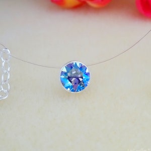 Invisible Necklace Sapphire Shimmer Silver 925, Gold and Rose Gold Solitaire Swarovski 6mm Length of your choice Nylon transparent necklace image 4