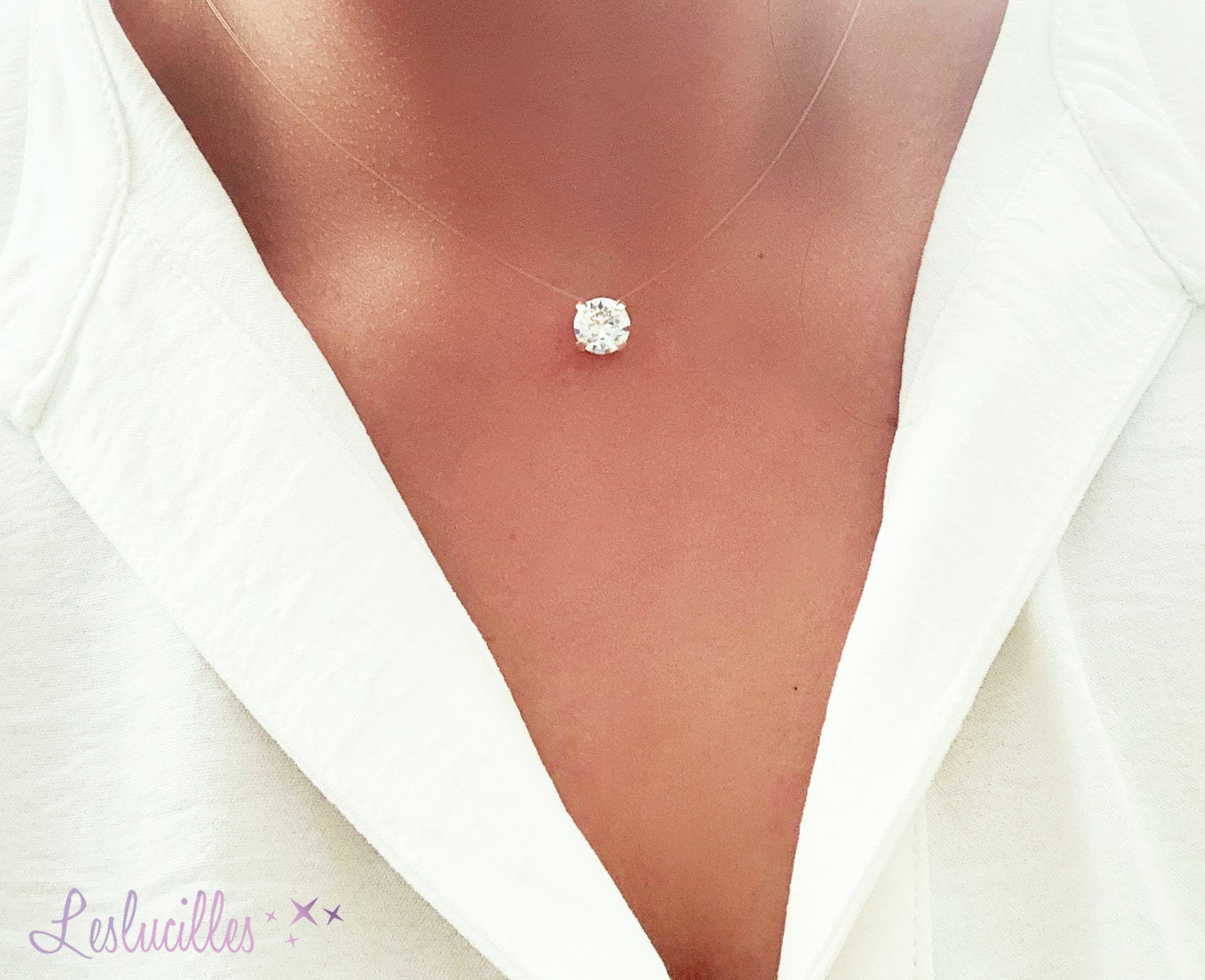 Collana di zircone abbagliante di Colore Argento e Linea di Pesca Trasparente Invisibile Semplice Collana Pendente Gioielli per Le Donne