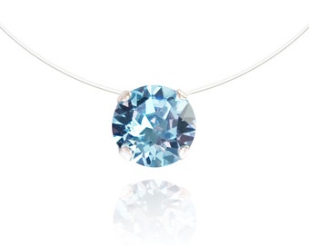 Aquamarine Necklace, Swarovski Crystal Solitaire, Transparent Nylon Fishing Line Necklace Invisible Jewelry Bridal Wedding Gift Idea