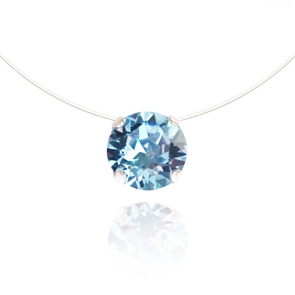 Collier Aquamarine, Solitaire Cristal de Swarovski, collier fil de pêche Nylon transparent Invisible Jewelry idée cadeau mariage mariée