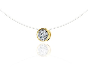 Collier Ras-de-cou Invisible nylon  - Solitaire Brillant Cristal et Plaqué Or (24K) - Style Fil de pêche - Zircon - Diamant