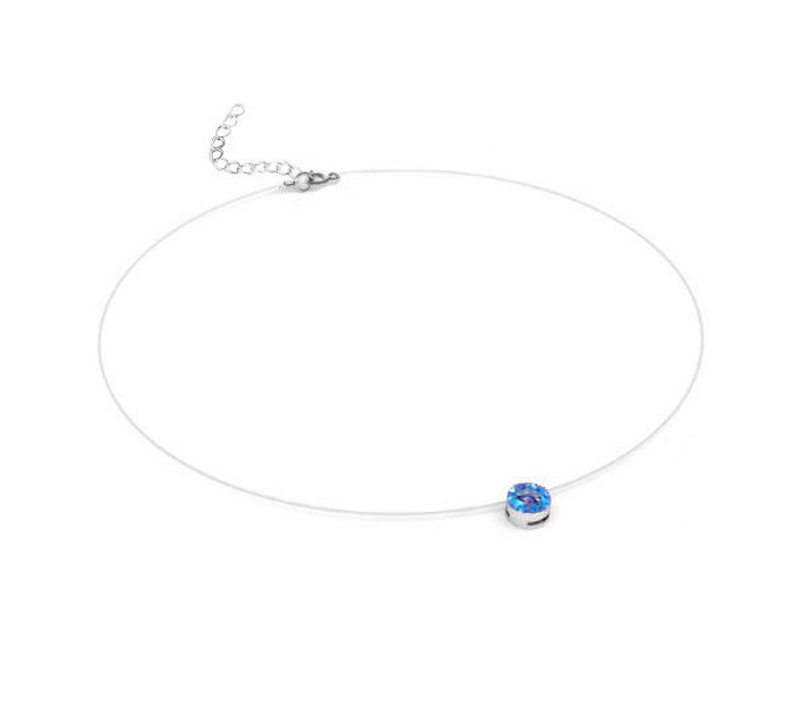 Invisible Necklace Sapphire Shimmer Silver 925, Gold and Rose Gold Solitaire Swarovski 6mm Length of your choice Nylon transparent necklace image 3