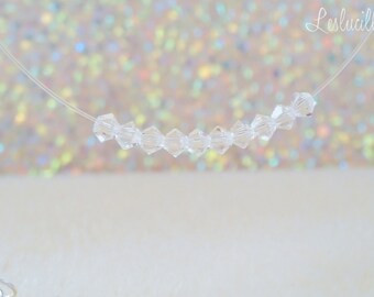 Invisible Crystal Spinning Top Bar Necklace, 925 Silver - Transparent Peach Nylon Thread Choker - Customizable - Adjustable