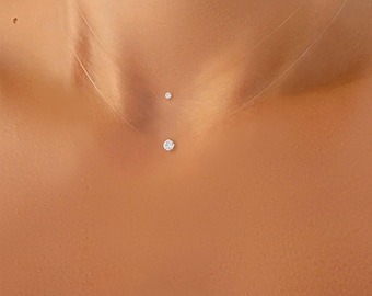 Invisible Tiny Pendant Necklace, Small Swarovski Crystal Solitaire - Fishing Line Style Jewelry / Transparent Nylon - Silver Gold