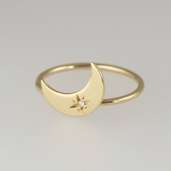 Crescent Ring, Gold Half Moon Ring, Diamond Star Ring, Minimalist Ring, 14k Yellow Rose  Solid Gold, Christmas Gift for her, Moon Gold Ring