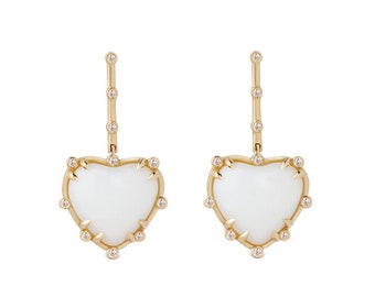 Heart Shaped White Agate 14K Gold hanging Earrings with Diamonds