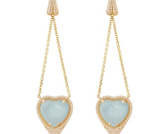 Heart Shaped Aquamarine 14K Gold Long Earrings surrounded by  Diamonds