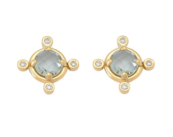 Round Shaped Green Amethyst 18K Gold Earrings with Diamonds