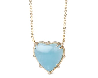 Big Heart Shaped Aquamarine 14K Gold Necklace with 8 Diamonds