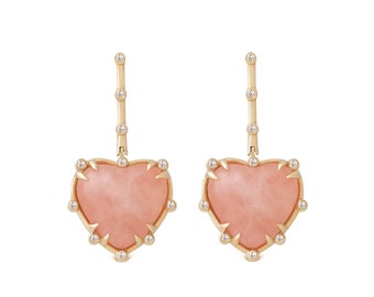 Heart Shaped Morganite 14K Gold hanging Earrings with Diamonds