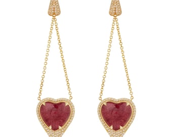 Heart Shaped Strawberry 14K Gold Long Earrings surrounded by Brown Diamonds