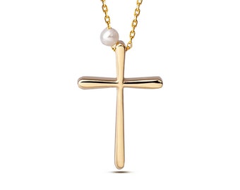 Curved Edges Gold Cross Pendant with Freshwater Pearl