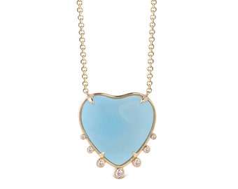 Big Heart Shaped Aquamarine 14K Gold Necklace with 7 Diamonds