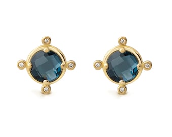 Round Shaped London Blue Topaz 18K Gold Earrings with Diamonds