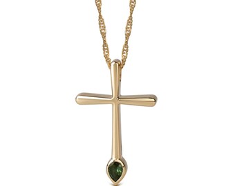 Thin and Tall with Curved Edges Gold Cross with Green Pear shape Tourmaline Gemstone