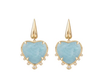 Heart Shaped Aquamarine 14K Gold Earrings with 7 Diamonds