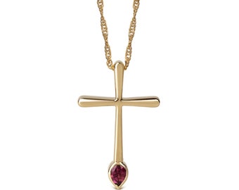 Thin and Tall with Curved Edges Gold Cross with Pink Pear shape Tourmaline Gemstone