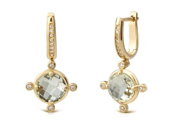 Round Shaped Green Amethyst 18K Gold Hoop Earrings with Diamonds