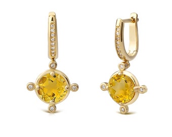 Round Shaped Citrine 18K Gold Hoop Earrings with Diamonds