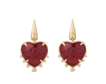 Heart Shaped Strawberry 14K Gold   Earrings with 7 Diamonds