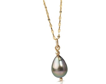 14K Gold Grey Pearl Drop Necklace